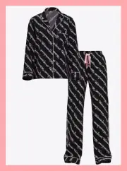 NEW Victoria’s Secret Flannel Pajama Set Pj’s Black Logo Script Small S