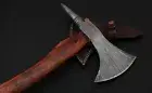 Custom Handmade Damascus Steel Rose Wood Handle Blade Tomahawks Axe, with sheath