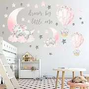 Dream Big Little One Elephant Wall Stickers, Pink Moon Hot Air Balloon Grey Stars Wall Decals for Nursery Kids Room Living Room Bedroom Decorations Home Decor