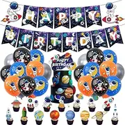 Space Themed Party Decorations Solar System Planet Astronaut Rocket Balloons Hanging Solar System Party Favors Party Table Cloth Flag Spiral Pendant Cake cupcake Insert Decoration(spaceman)
