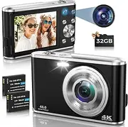 Digital Camera, 4K Autofocus Digital Camera with 32G Memory Card Front and Rear Dual Cameras, HD 48MP with 2.8" Large Screen, Rechargeable Compact Camera for Beginners (Black+32G Card)
