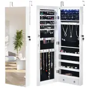 Costway Mirrored Jewelry Cabinet Lockable Wall/Door Mounted Jewelry Armoire w/LED Lights & 2 Drawers Box Organizer