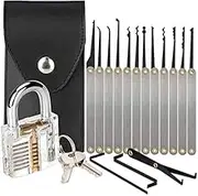 Lock Picking Set, 15-Piece Lock Pick Set with Transparent Training Padlock for Beginners and Locksmith Training