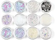 Beauties Factory 12 Styles Pure Snow Theme Nail Art Shiny Decals Box, White Pearl Star Glitter Sequins Dust Powder Thin Sheet Tips Kit