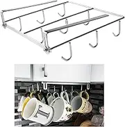 Mug Holder Under Cabinet for 1.18"- 1.96" Thickness Cabinet Base, 9 Hooks Cup Organizer Hanging Coffee Mug Rack Tea Cup and Utensil Hooks Drilling Free Mug Hanger Under Shelf