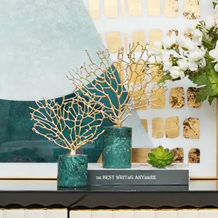 金色珊瑚擺件現代美式家居軟裝飾品樣板房間客廳大理石輕奢工藝品