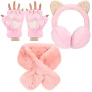 Panitay 3 Pcs Pink Cute Animal Earmuffs, Cat Claw and Furry Collar Scarf Set