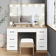 ALFORDSON Dressing Table Stool Set Makeup Vanity Desk with Mirror 10 LED Bulbs/Adjustable Brightness Light & 7 Storage Drawers Chair, Dresser Vanity Table Organiser for Dressing Room, Wood White