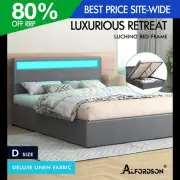 ALFORDSON Bed Frame Double Size RGB LED Gas Lift Storage Base Grey LUCHINO