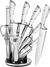 Knife Set 9pc Stainless Steel, Professional Chef Knives with Ultra Sharp Blade, 360 Degree Rotating Block Stand, Pristine Marble White