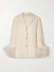 [Valentino Garavani] Valentino Garavani - Feather-trimmed Embellished Cotton-blend Bouclé-tweed Blazer - Cream - IT40 IT 40 Cream