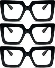 REAVEE 3 Pack Oversized Reading Glasses for Women Large Frame Extra Wide, Blue Light Blocking Stylish Thick Square Readers