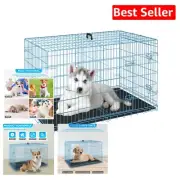 Blue Portable Dog Cage 24 Inch - Collapsible Large Pet Crate with Dual Doors