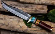 BEAUTIFUL CUSTOM HANDMADE DAMASCUS STEEL BOWIE KNIFE WITH SHEATH HANDLE ROSE WOO