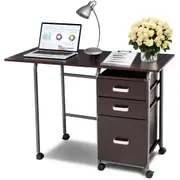 Costway Space-Saving Computer Desk Folding Laptop Desk Wheeled Workstation w/3 Drawers Study Office Brown
