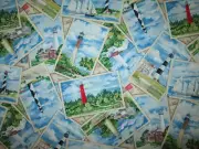 LIGHTHOUSES LIGHT HOUSES SQUARES POST CARDS BLUE SKY SEA COTTON FABRIC FQ