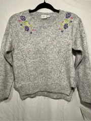 Falls Creek Girls XL (14-16) Gray Floral Embroidered Pull Over Sweater NWT