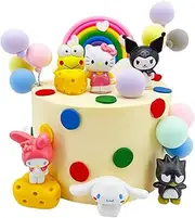 FLAFARY Rainbow Kitty Cake Topper Banner Hello Kuromi Birthday Party Cake Decorations Supplies Set, Mini Colorful Clouds Stars Party Decors (KLM-6PCS)