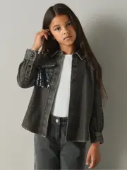 Reiss Grey Kourtney 9-13 yrs Cotton-Chambray Sequinned Shirt (E97897) | $110