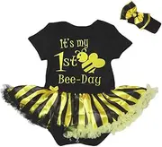 [Petitebella] Baby Girls' 1St Bee Day Black Bodysuit Black Yellow Striped Tutu