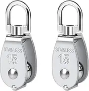 Pulley 304 Stainless Steel Single Pulley Block M15 Small Heavy Duty Swivel Bearing Pulley System for Rigging, Easy to Use 2Pack