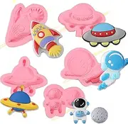 IKOJING 5 Pcs Astronaut Chocolate Silicone Molds, Spaceship Rocket Cake Decoration Fondant Molds for Birthday Party Cupcake Toppers, Cookie Candy Gum Flower Paste Modeling Clay Plaster Resin Reusable