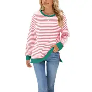 Stripe Side Split Loose Casual Design Neck Jumper - Pink with White