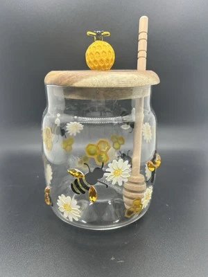 Handpainted Crystal Honey Jar & Dipper "Jeweled" Bee Wings Painted Daisies S14