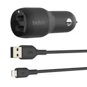 Belkin 2 Port USB-A Car Charger/Lightning MFI-Certified Cable for iPhone/iPad BK