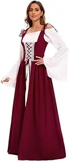 AUTOWT Renaissance Costumes for Women, Fairy Gothic Gown Chemise Peasant Over Dresses, Medieval Irish Over Dress, Trumpet Long Sleeve Chemise Boho Outfit for Halloween Cosplay Party Lady Maxi