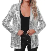 Sequin Glitter Jacket Women's Sequin Blazer With Glitter Sleeve Bomber Jacket SILVER 3XL