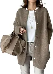 [Zylphorix] Women Faux Wool Blend Trench Jacket Winter Single Breasted Pea Coat Round Collar Classic Warm Outerwear (Coffee B1,X-Large), Coffee B1, X-Large