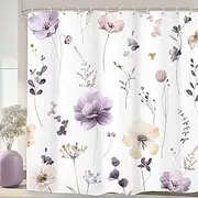 Omifly Watercolor Floral Shower Curtain 72Wx72H Inch Plum Beige Flower Shower Curtains for Bathroom Modern Minimalist Botanical Wildflower Waterproof Fabric Shower Curtain Set with 12 Plastic Hooks