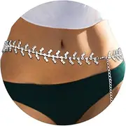 [HZMAN] Silver Branching Shape Waist Chains for Women Rope Belly Belt Body Jewelry for Bikini, 84CM (33 inches) +36CM (14 inches), Non-Precious Metal, Cubic Zirconia