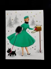 1 VTG MCM Xmas Greeting Card Pretty Lady In Green Dress W/ Scottie Dog @ Mailbox