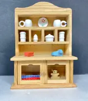 Dollhouse Furniture - Wood Buffet Hutch filled with Mugs Plates Telephone Bear