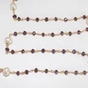 Freshwater Pearl & Amethyst Rosary Chain, 24K Gold Plated, Gemstone Bead Mix
