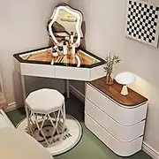 Corner Vanity with Mirror and Lights，Makeup Table Set with Chair Glass Top Vanity Table with Drawers Telescopic Dresser Vanity Desk for Women(White,80CM_C)