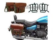 Fit For Royal Enfield Meteor 350 Leather And Canvas Bag Olive Color & Mounting