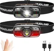 Headlamp Head Torch Rechargeable, Super Bright LED Headlight, 11 Light Modes, with Red Warning Light, Sensor Control, Lightweight and Waterproof Headlamp, Suitable for Running, Camping,etc. (2 Pack)