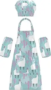 AIXIWAWA Kids Apron Chef Hat Set, Child Kitchen Bib Aprons Adjustable for Cooking Baking Painting (Trendy Alpaca)