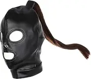 PU Leather Latex Head Cover Mask with wig braids, Nightclub Prom Three Holes Full Face Head Cover, Black, Bring Out The Air Hole, Adjustable Size