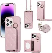YDIJCYAN Mobile Phone Case for iPhone 16 Pro Max Case with Strap + Ring + Makeup Mirror Shockproof Mobile Phone Protective Case (Purple)
