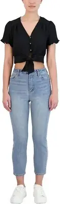 BCBGeneration Women's Short Sleeve Button Down Tie Front Crop Top Black B4HP