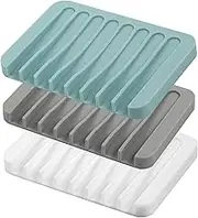 Self Draining Soap Dishes - 3 Pcs Silicone Soap Saver Set, Waterfall Drainer Soap Holder for Bathroom, Extend Soap Life, Keep Soap Bars Dry and Clean, Easy Cleaning (White, Gray, Teal)