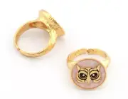 Owl Bird Animal Adjustable Ring Enamel Filled-Shiny Gold Plated Brass 4910