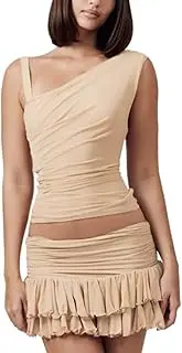 [Best Rose] One Shoulder Top Ruched Wrap Crop Irregular Sheer Skinny Streetwear Pointelle Mesh Party Sexy Top