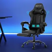 Artiss Massage Gaming Chair, PU Leather 2 Point Ergonomic Office Computer Desk Recliner Chairs Armchair for Room Executive Home, with Retracted Padded Footrest 360° Rotatable Height Adjustment Black