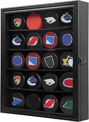 Mstrse 20 Hockey Puck Display Case - Puck Holder Wall Mount Cabinet Stand - Hockey Puck Shadow Box with Real Glass for Collection Hockey Puck, Large Black