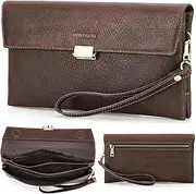 [CataPurus] Top Grain Genuine Leather Clutch Wallet with Wristlet for Man & Woman, Handmade Retro Design, Magnetic Push Lock, Multi Pockets/Slots, RFID Large Capacity for Cards/Check/Cash/Coin/Passport, Red Brown